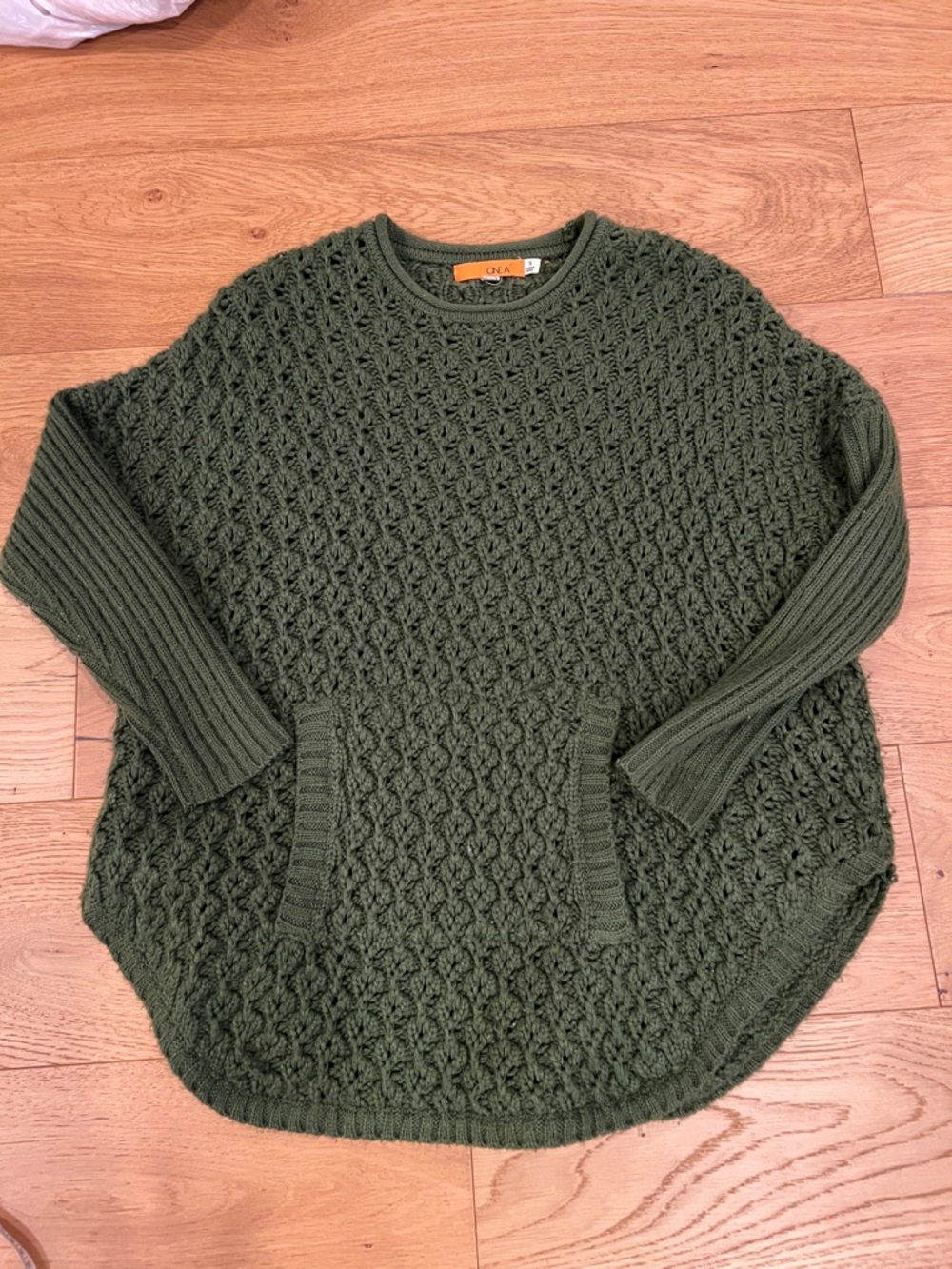 Olga Dark Olive Cable Knit Crewneck Sweater with Pockets